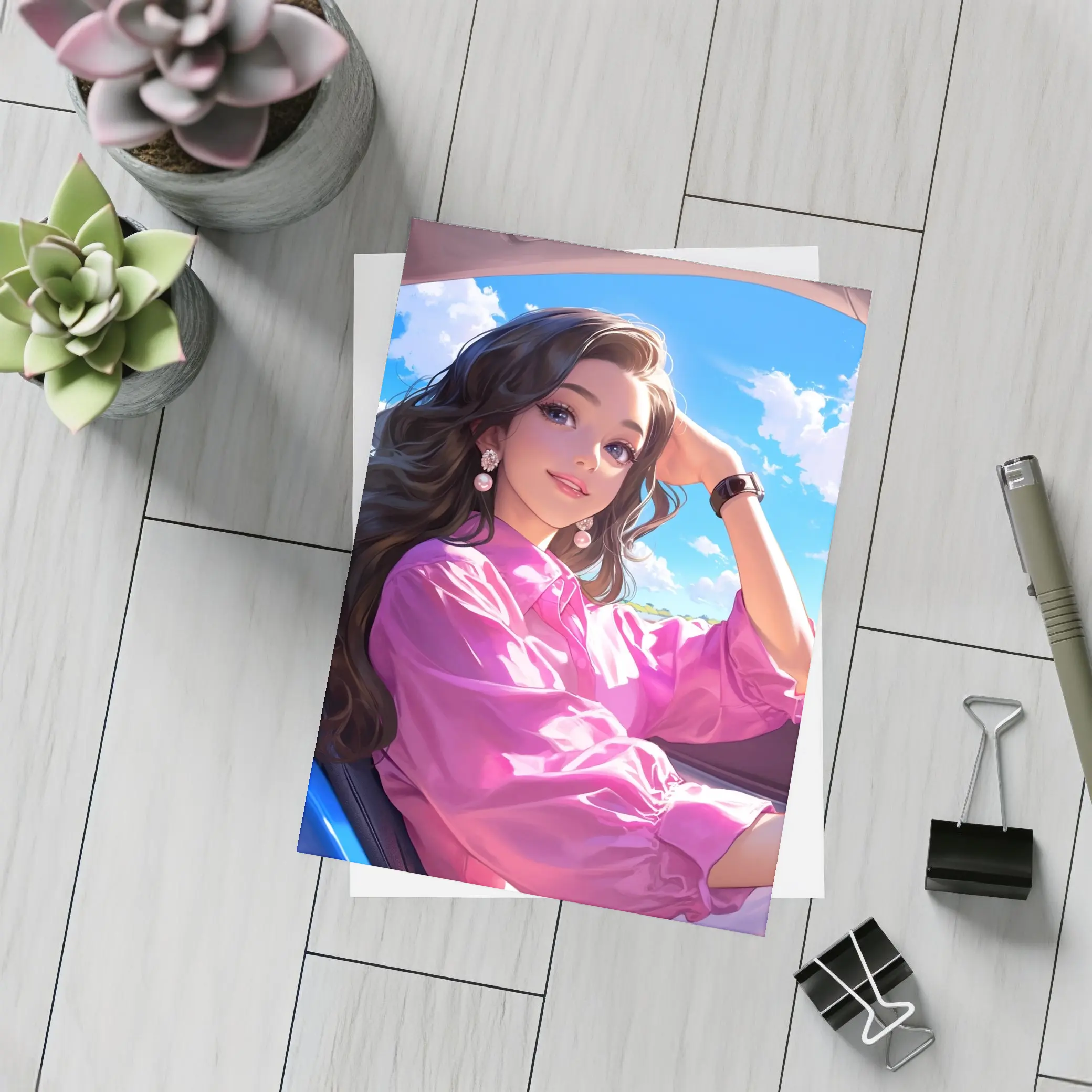 Anime Girl Pink Shirt Blue Sky – Postcards