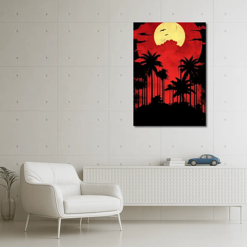 Red Moon Palm Tree Silhouette Night Sky – Wall Art