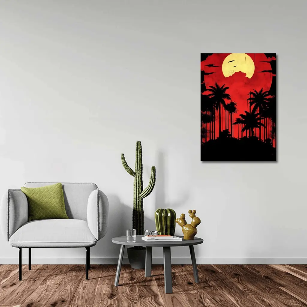 Red Moon Palm Tree Silhouette Night Sky – Wall Art