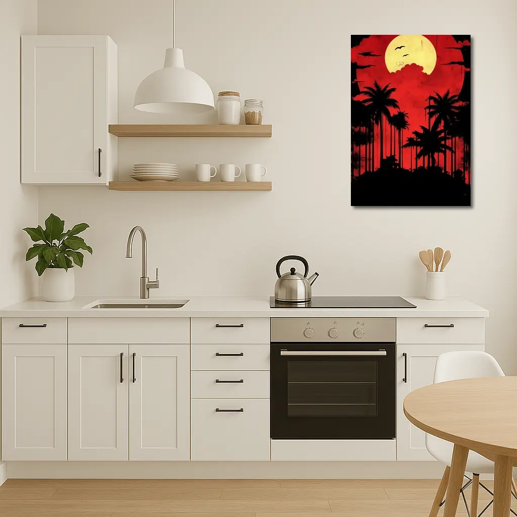 Red Moon Palm Tree Silhouette Night Sky – Wall Art