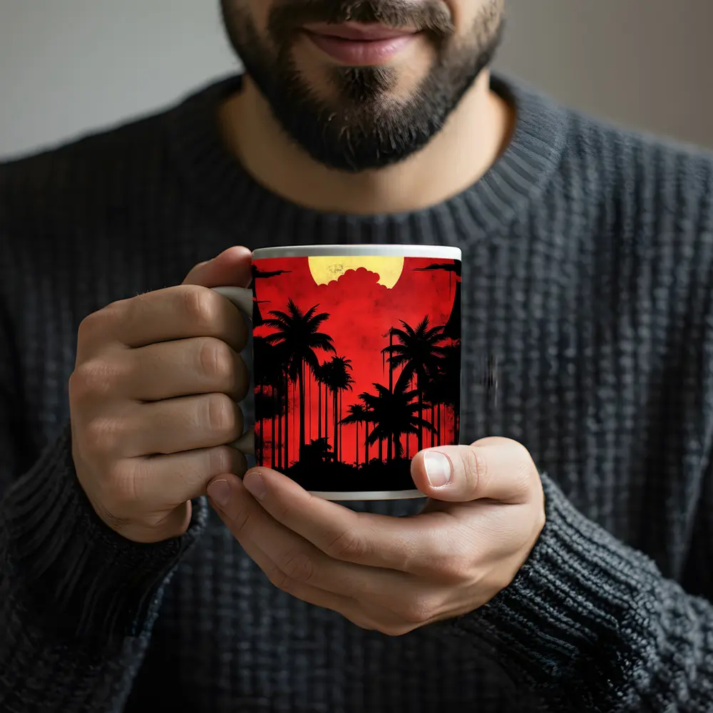 Red Moon Palm Tree Silhouette Night Sky – Mugs