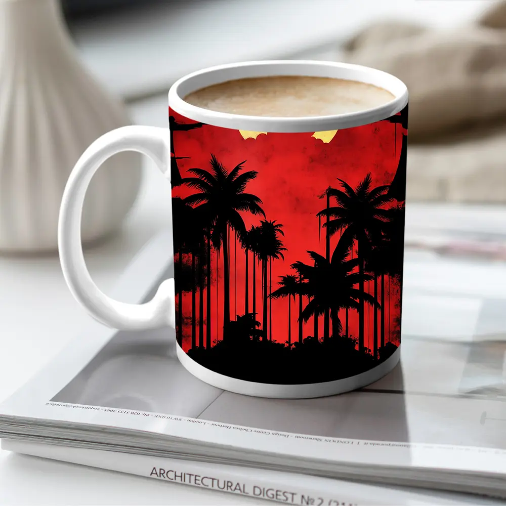 Red Moon Palm Tree Silhouette Night Sky – Mugs