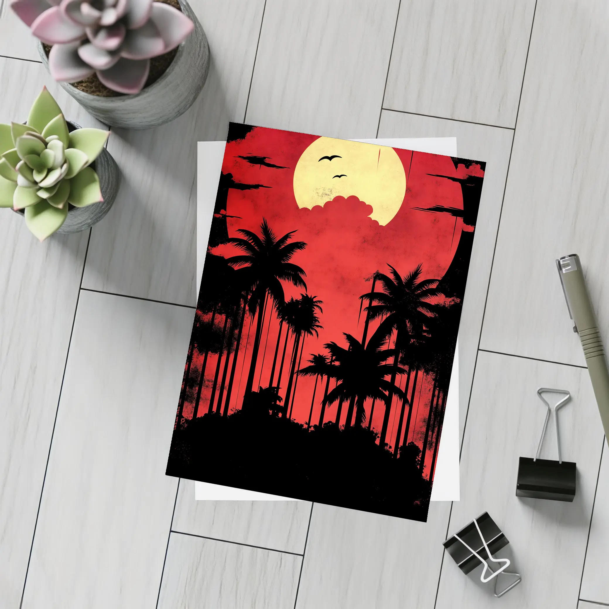 Red Moon Palm Tree Silhouette Night Sky – Postcards