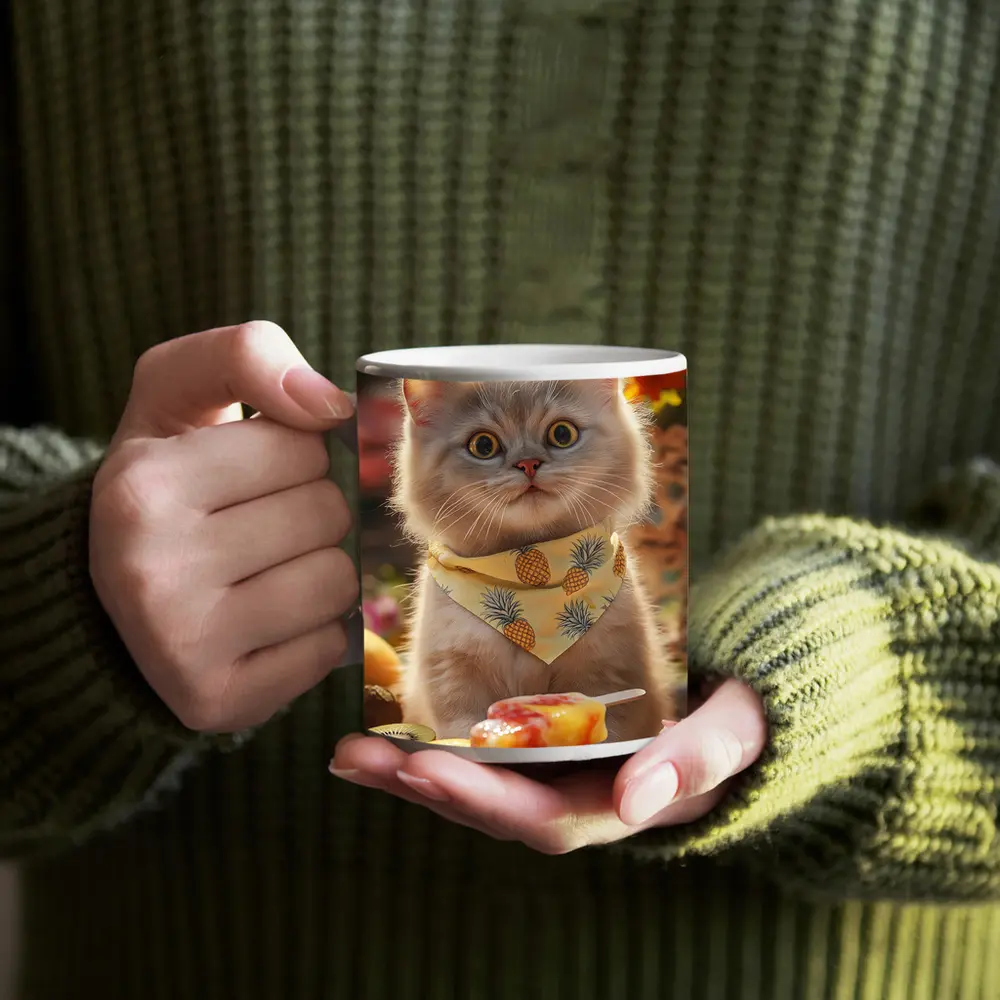 British Shorthair Cat With Summer Fruits – Mugs