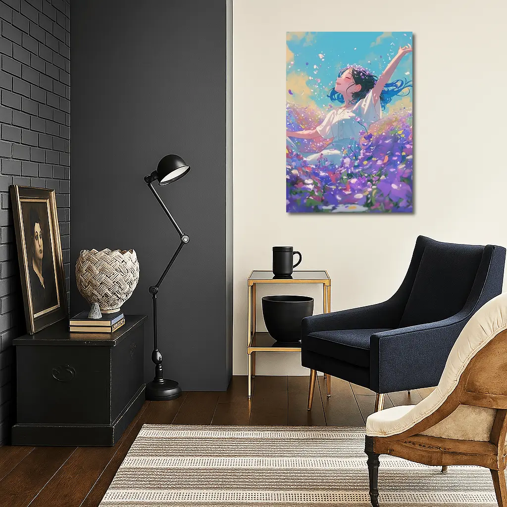 Anime Girl Dancing In Purple Flower Field – Wall Art