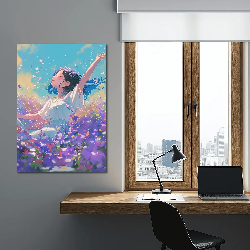 Anime Girl Dancing In Purple Flower Field – Wall Art