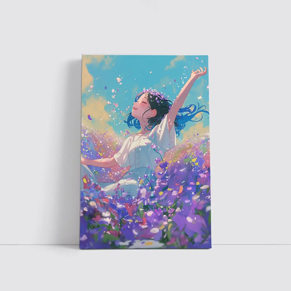 Anime Girl Dancing In Purple Flower Field – Wall Art
