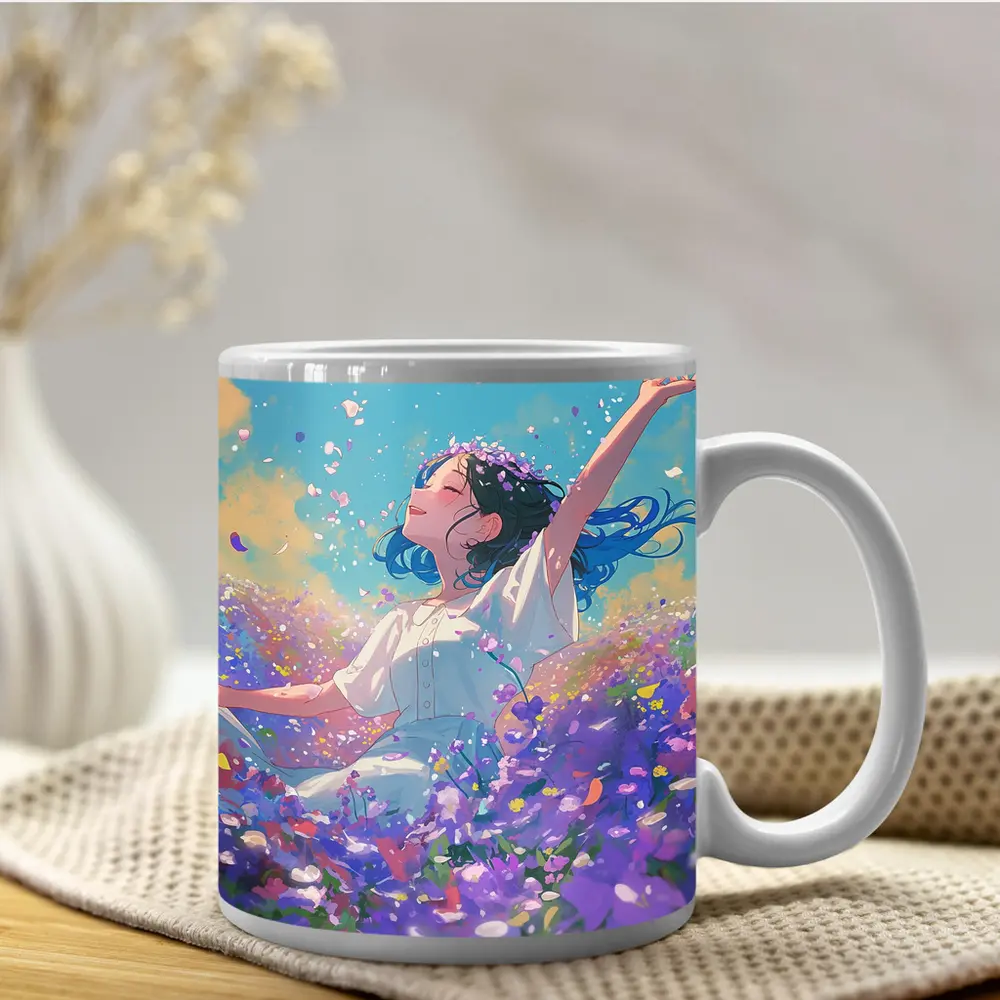 Anime Girl Dancing In Purple Flower Field – Mugs
