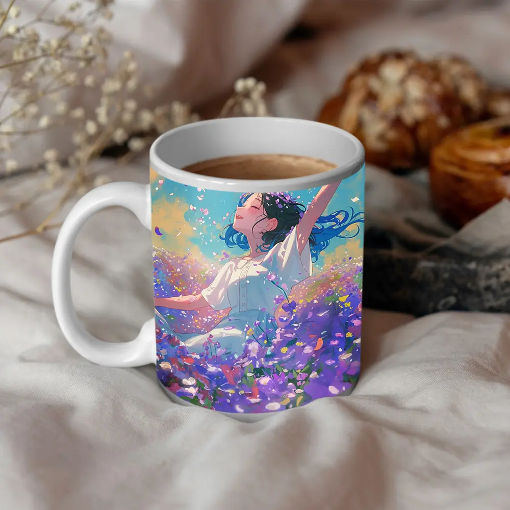 Anime Girl Dancing In Purple Flower Field – Mugs