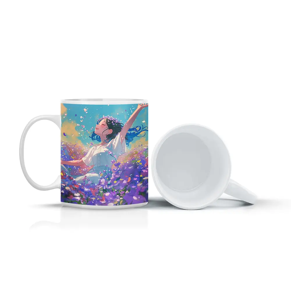 Anime Girl Dancing In Purple Flower Field – Mugs