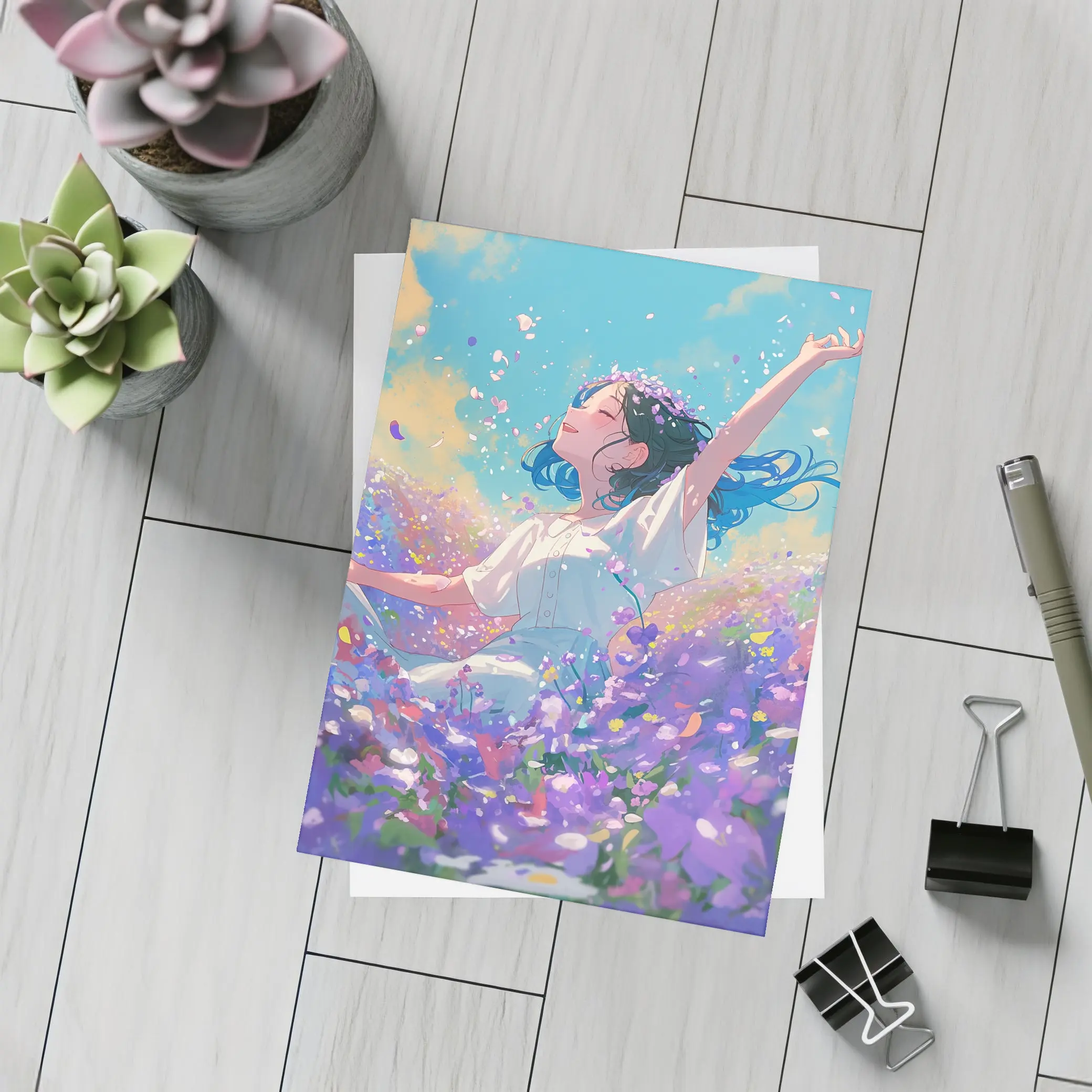 Anime Girl Dancing In Purple Flower Field – Postcards