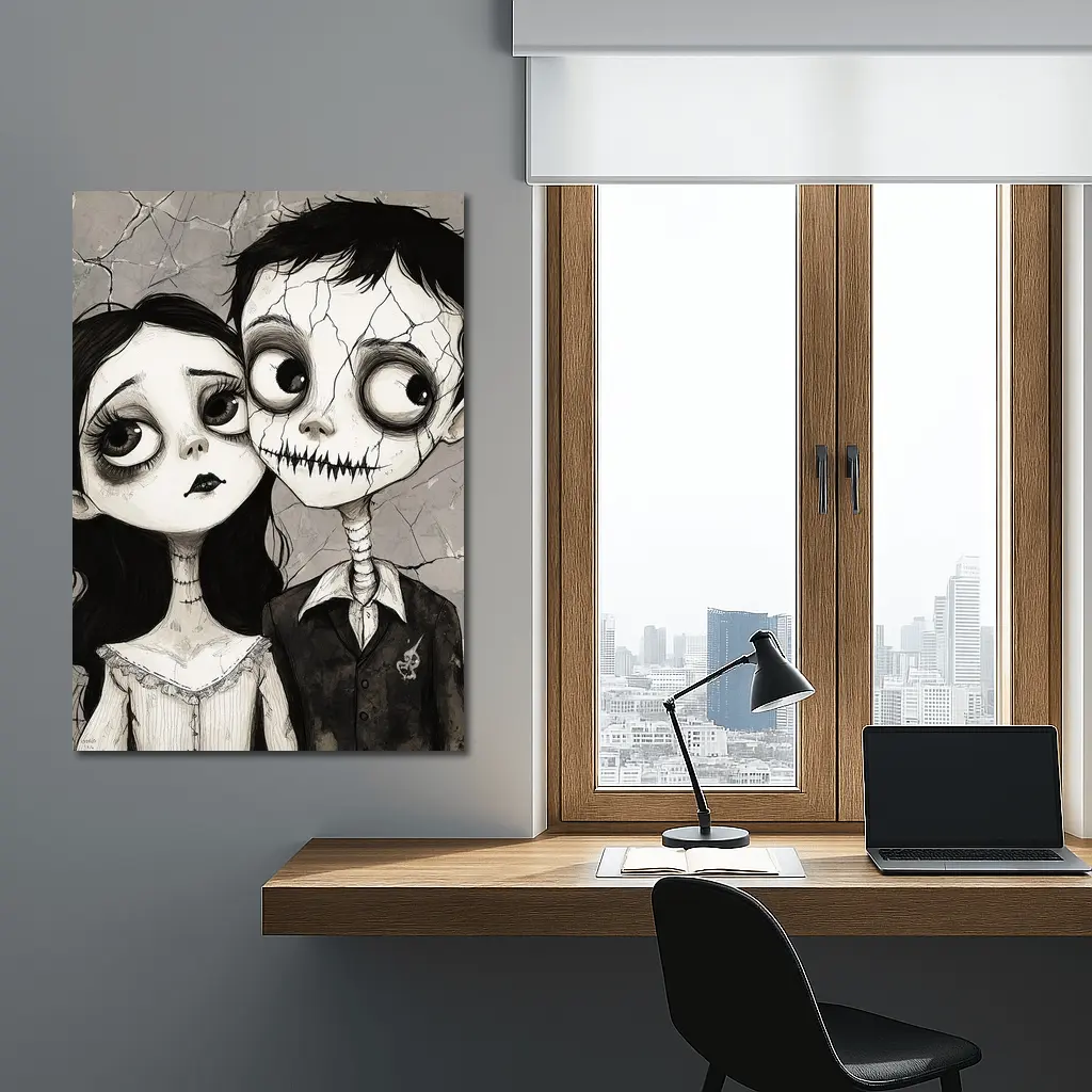 Gothic Cartoon Couple Dark Cracked Illustration – Wall Art