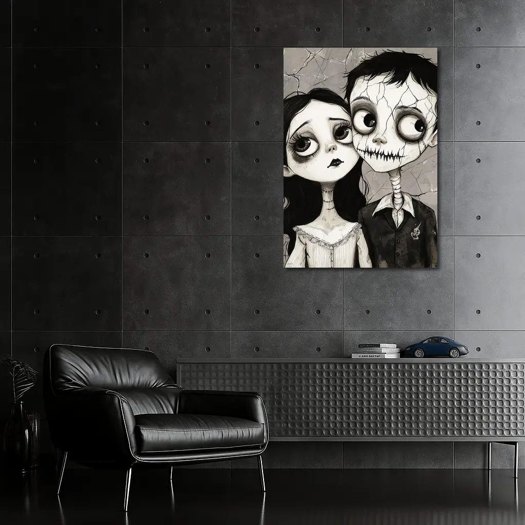 Gothic Cartoon Couple Dark Cracked Illustration – Wall Art