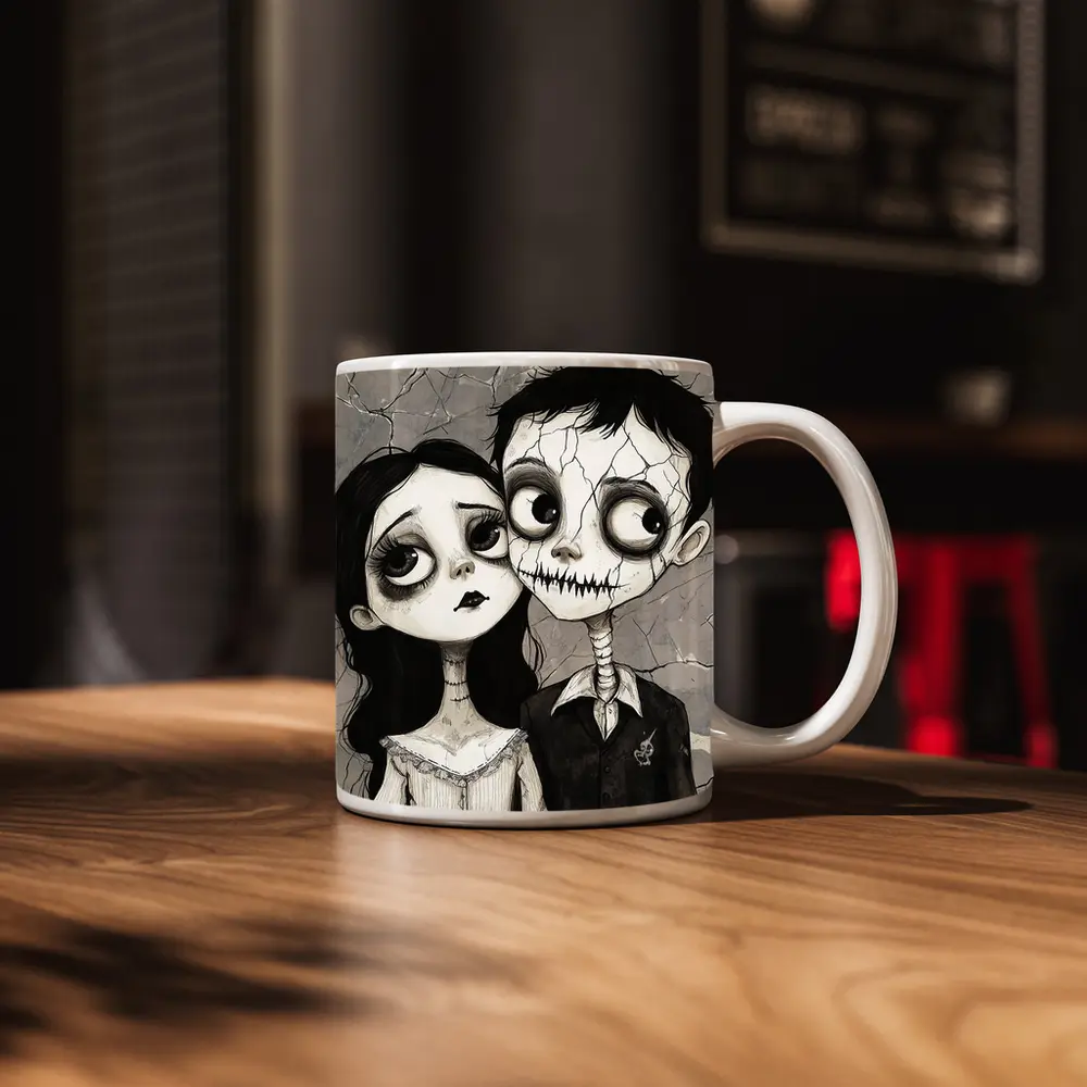 Gothic Cartoon Couple Dark Cracked Illustration – Mugs