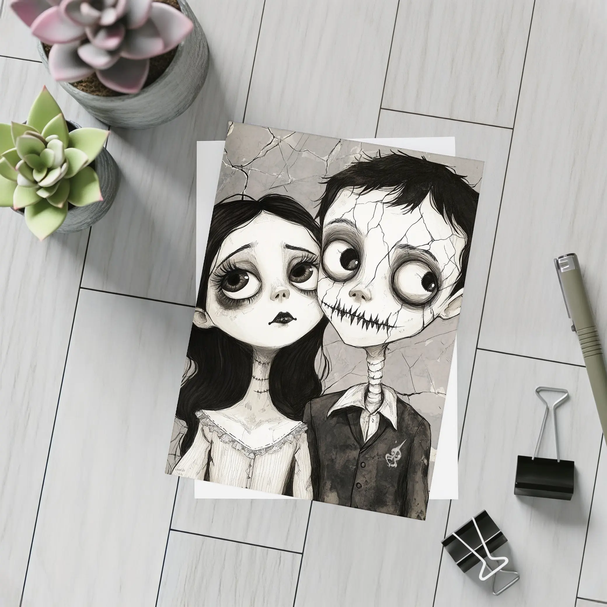 Gothic Cartoon Couple Dark Cracked Illustration – Postcards