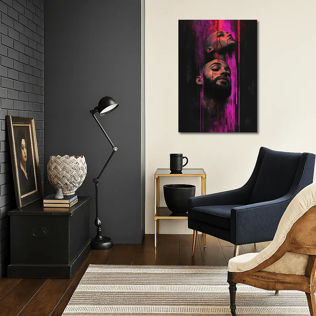 Two Faces Dark Neon Drip Portrait Art – Wall Art