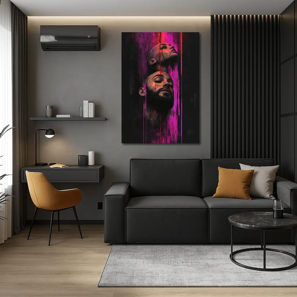 Two Faces Dark Neon Drip Portrait Art – Wall Art