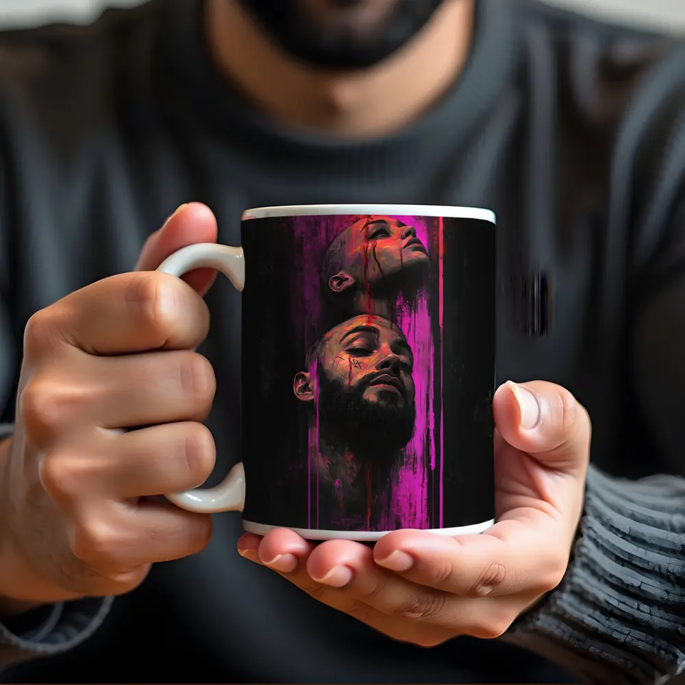 Two Faces Dark Neon Drip Portrait Art – Mugs