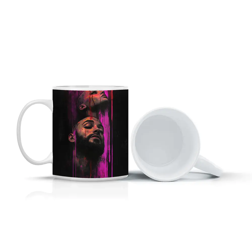 Two Faces Dark Neon Drip Portrait Art – Mugs