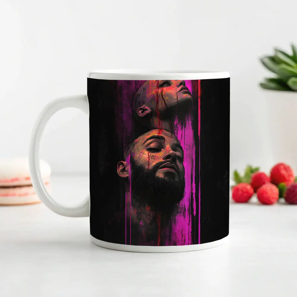Two Faces Dark Neon Drip Portrait Art – Mugs