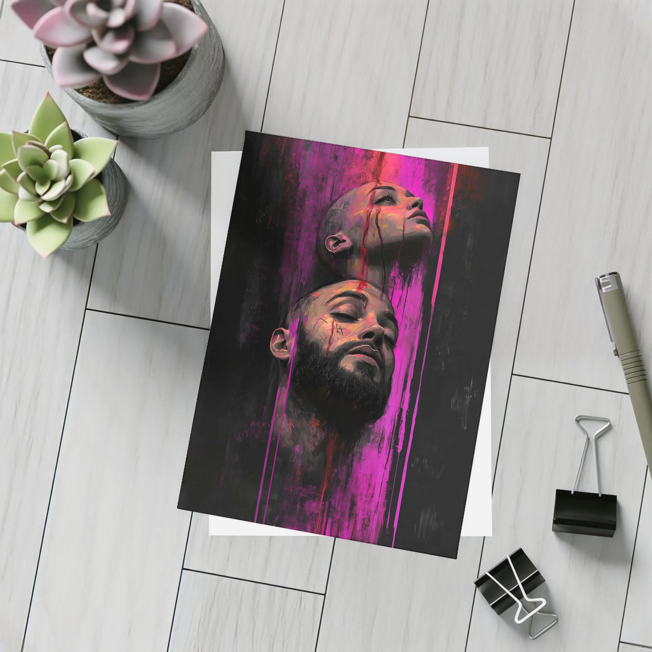 Two Faces Dark Neon Drip Portrait Art – Postcards