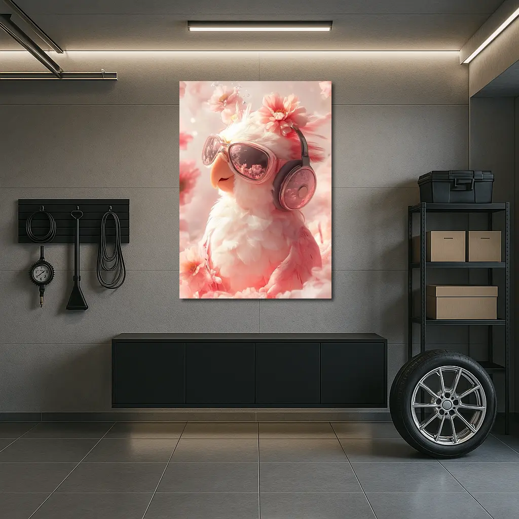 Cool Parrot With Sunglasses Pink Floral Background – Wall Art