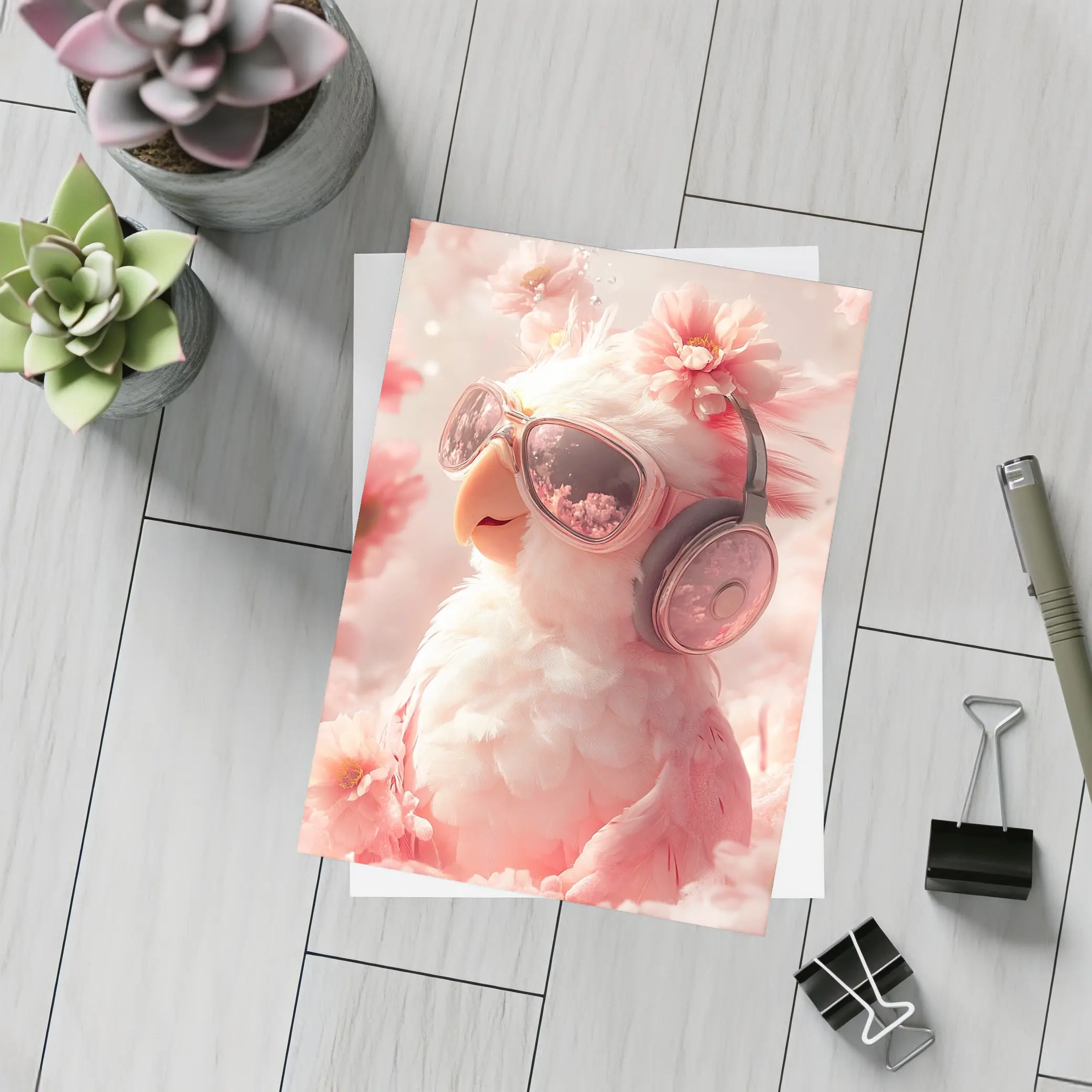 Cool Parrot With Sunglasses Pink Floral Background – Postcards