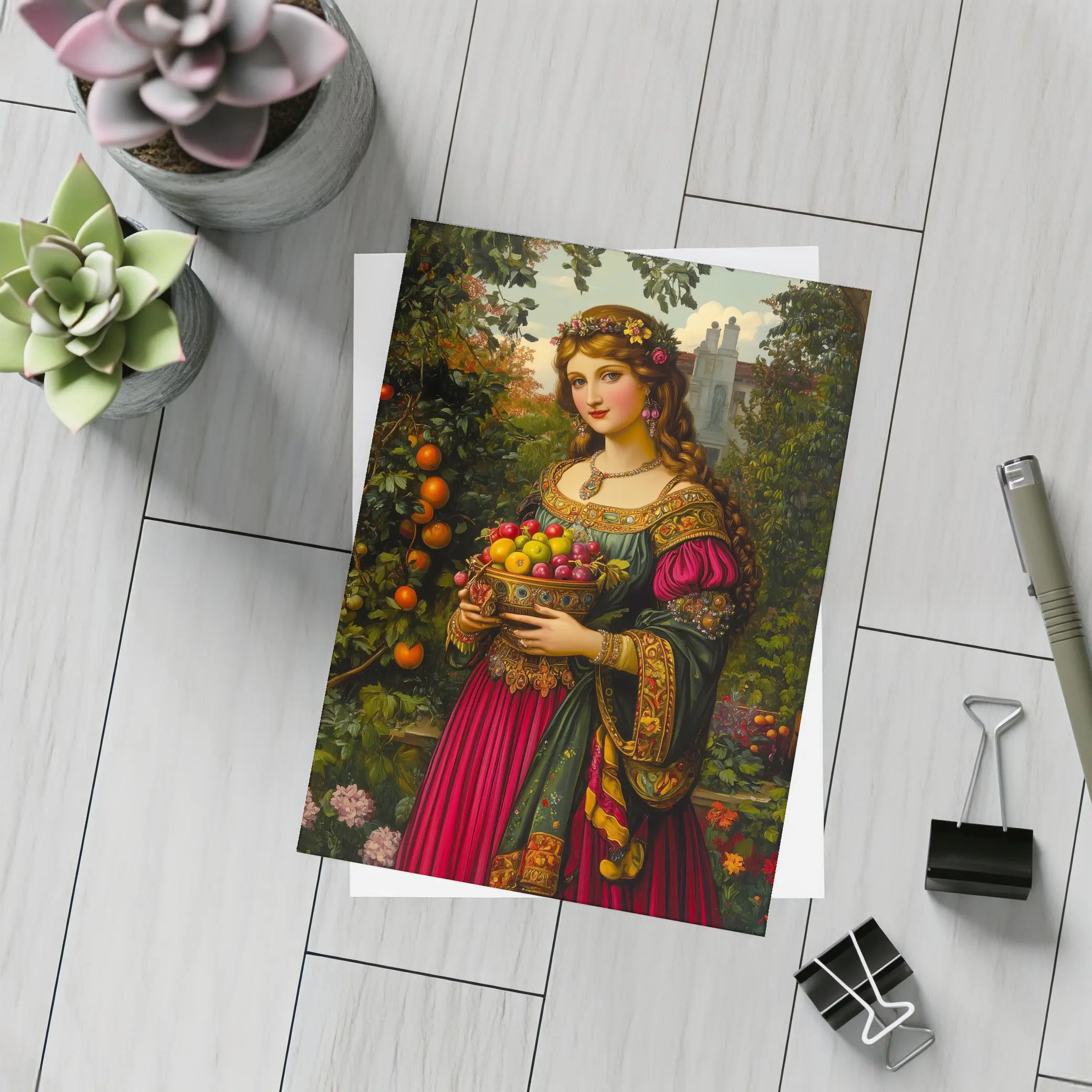 Renaissance Woman Holding Fruit Bowl Garden – Postcards