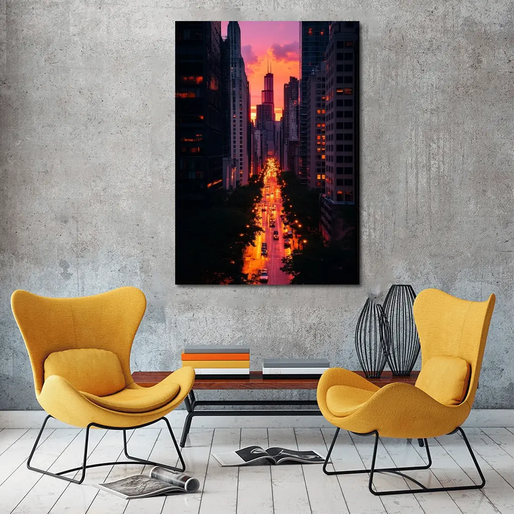 Chicago City Street Sunset Golden Glow – Wall Art