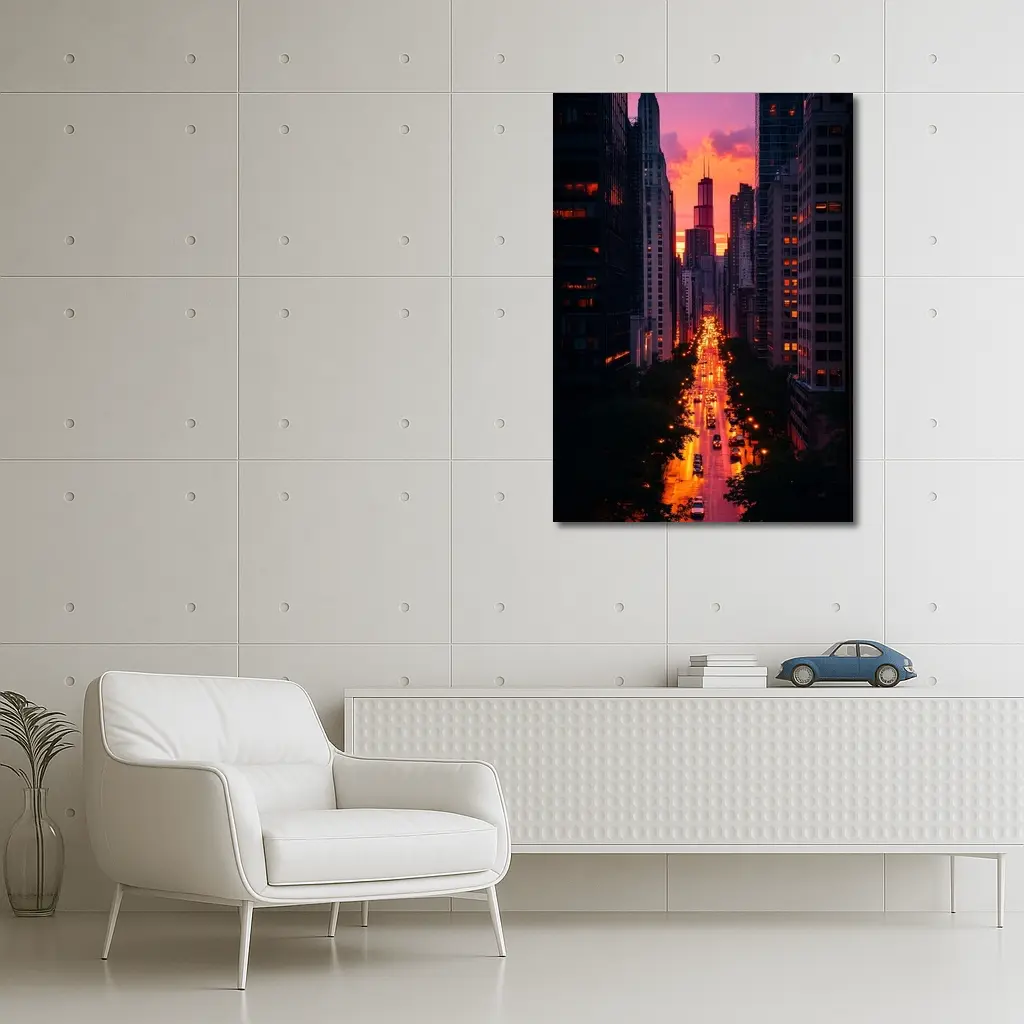 Chicago City Street Sunset Golden Glow – Wall Art