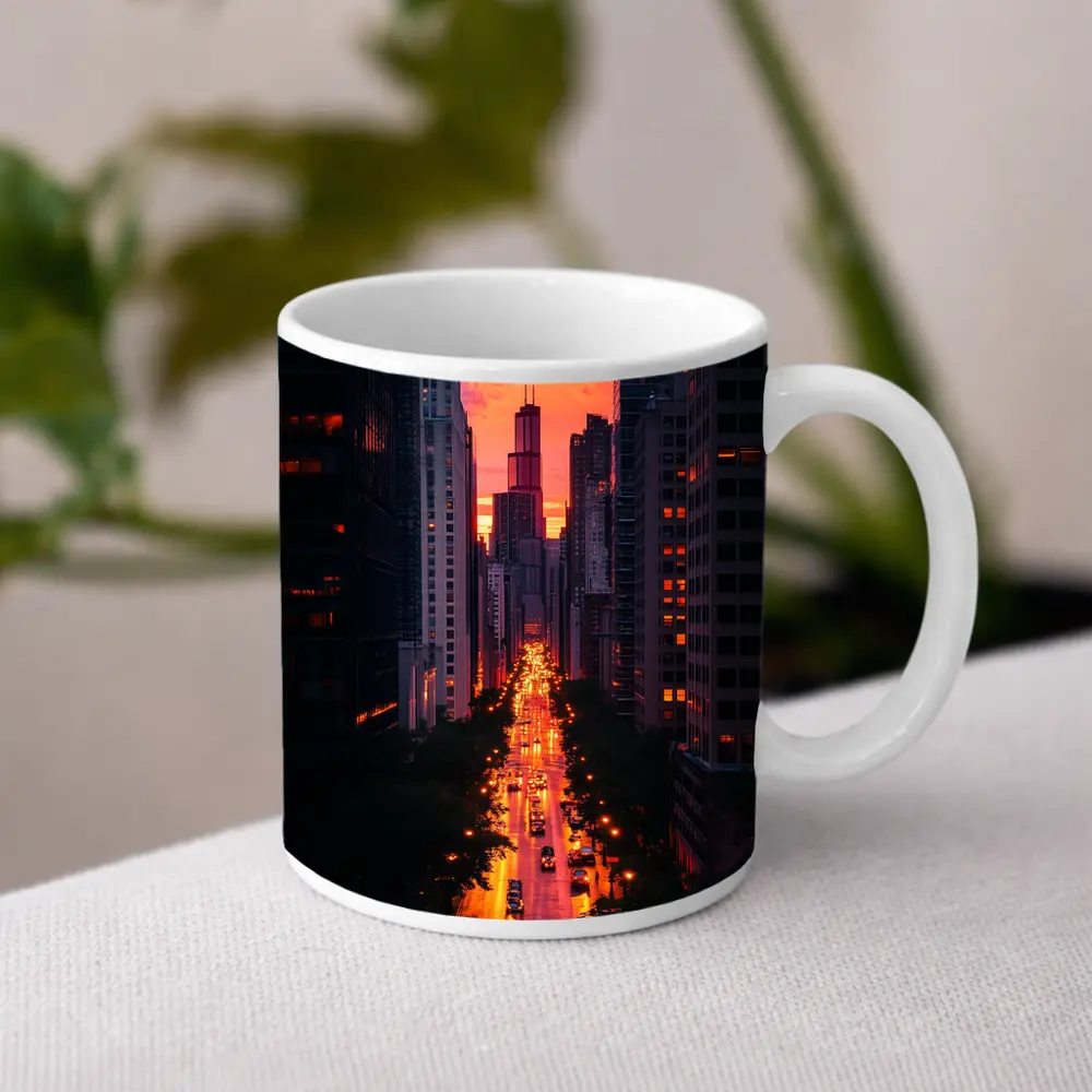 Chicago City Street Sunset Golden Glow – Mugs