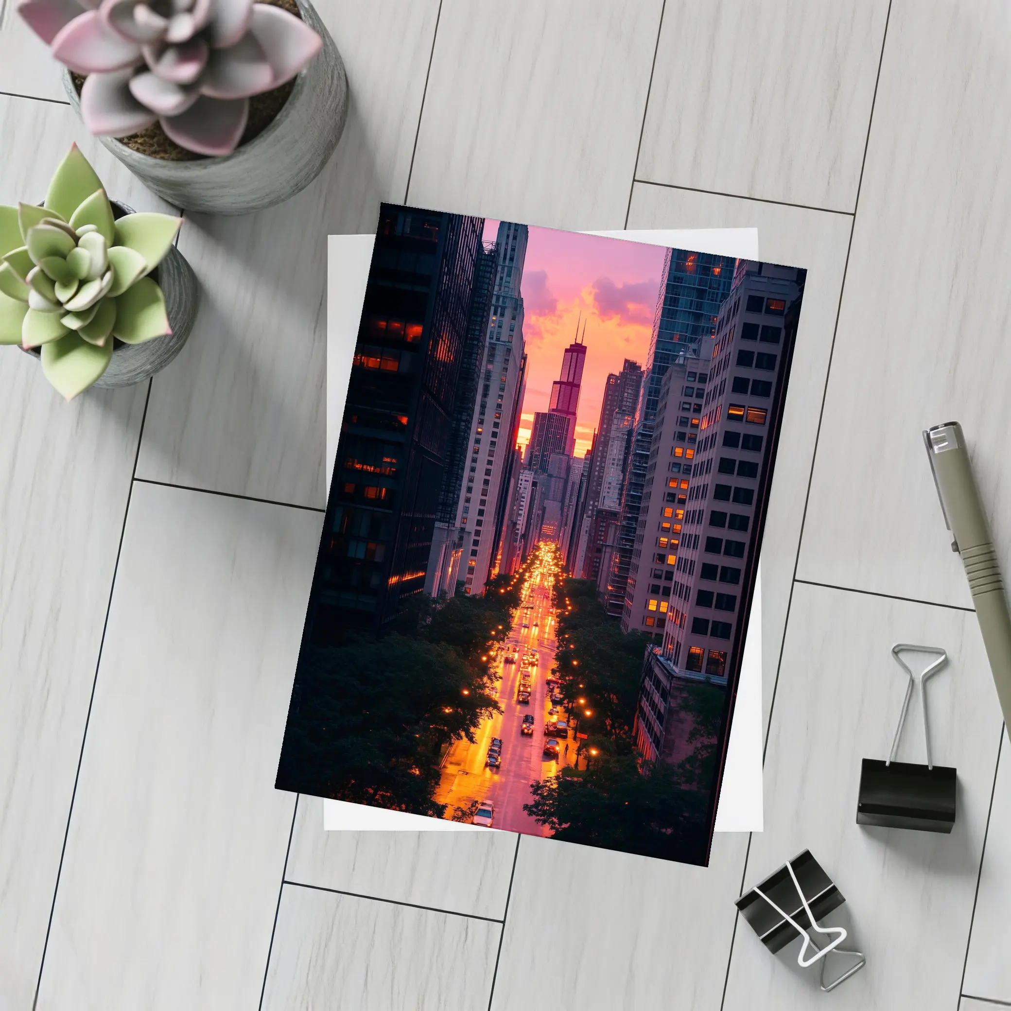 Chicago City Street Sunset Golden Glow – Postcards