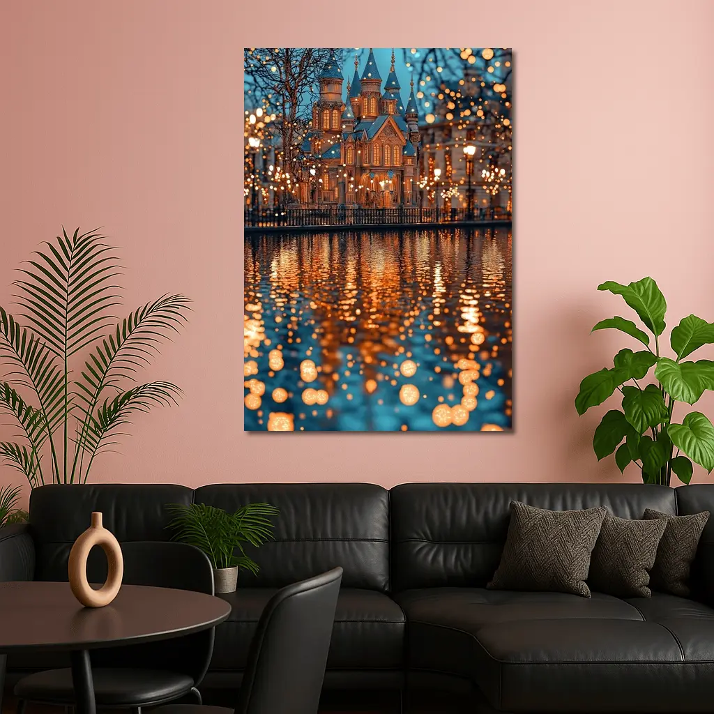 Fairy Tale Castle Glowing Lights Water Reflection – Wall Art