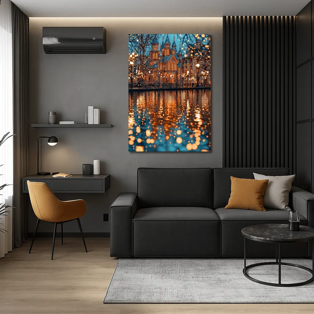 Fairy Tale Castle Glowing Lights Water Reflection – Wall Art