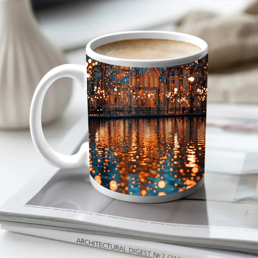 Fairy Tale Castle Glowing Lights Water Reflection – Mugs