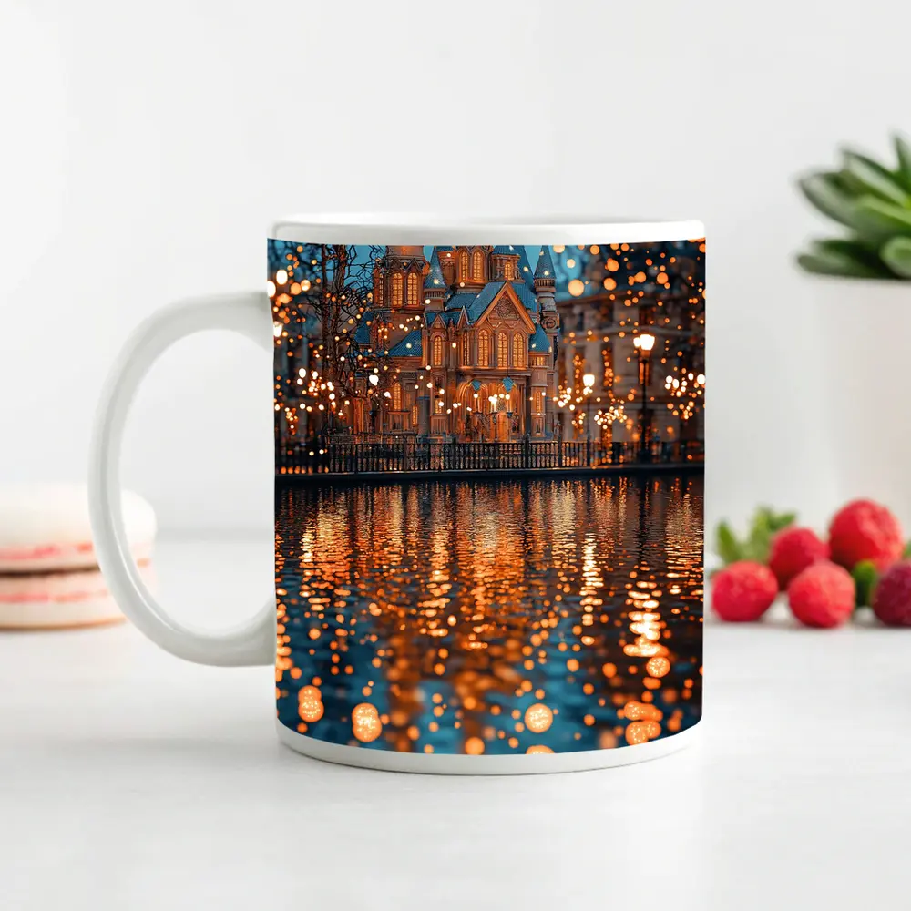 Fairy Tale Castle Glowing Lights Water Reflection – Mugs