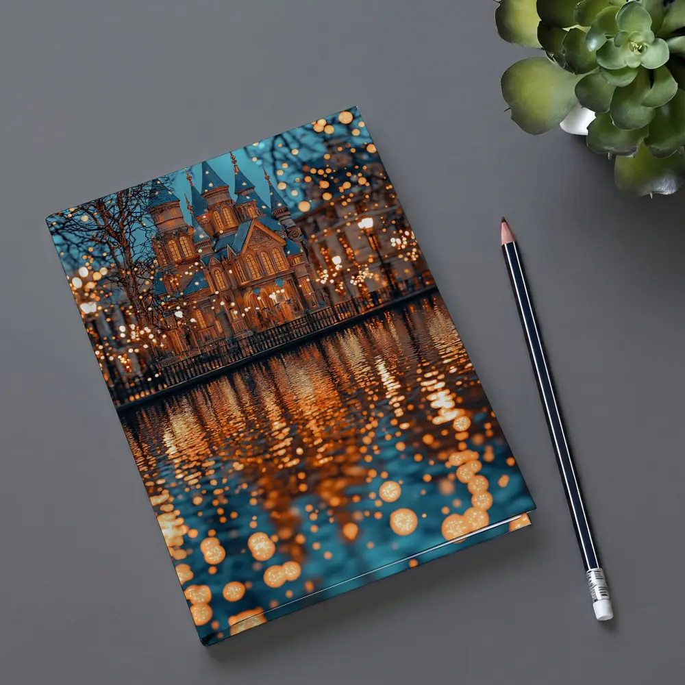 Fairy Tale Castle Glowing Lights Water Reflection – Notebooks