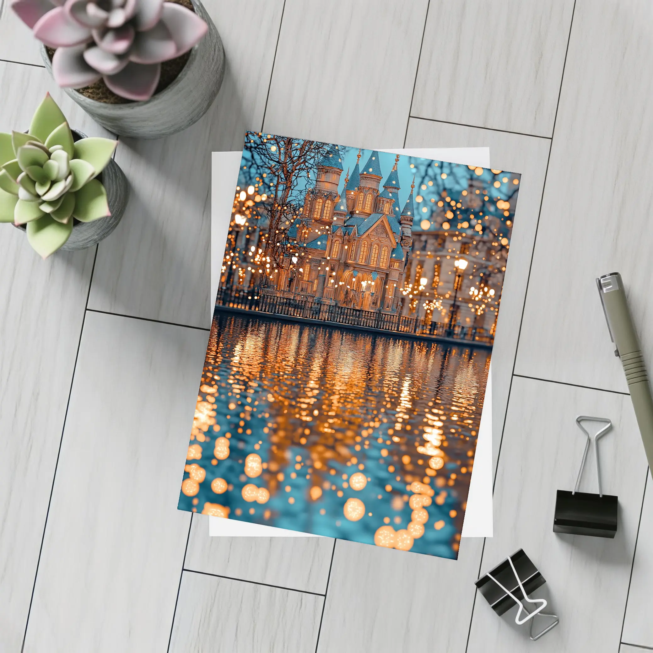 Fairy Tale Castle Glowing Lights Water Reflection – Postcards