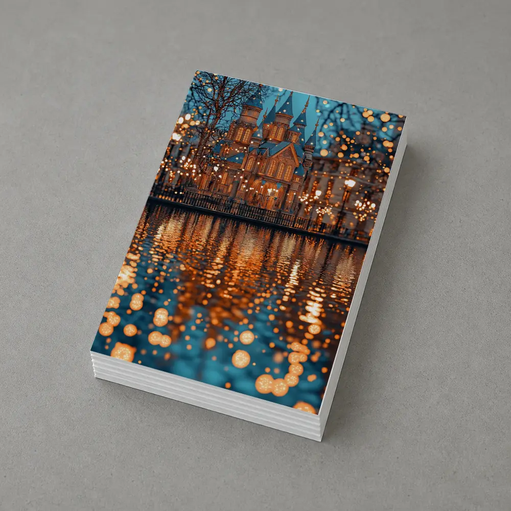 Fairy Tale Castle Glowing Lights Water Reflection – Postcards
