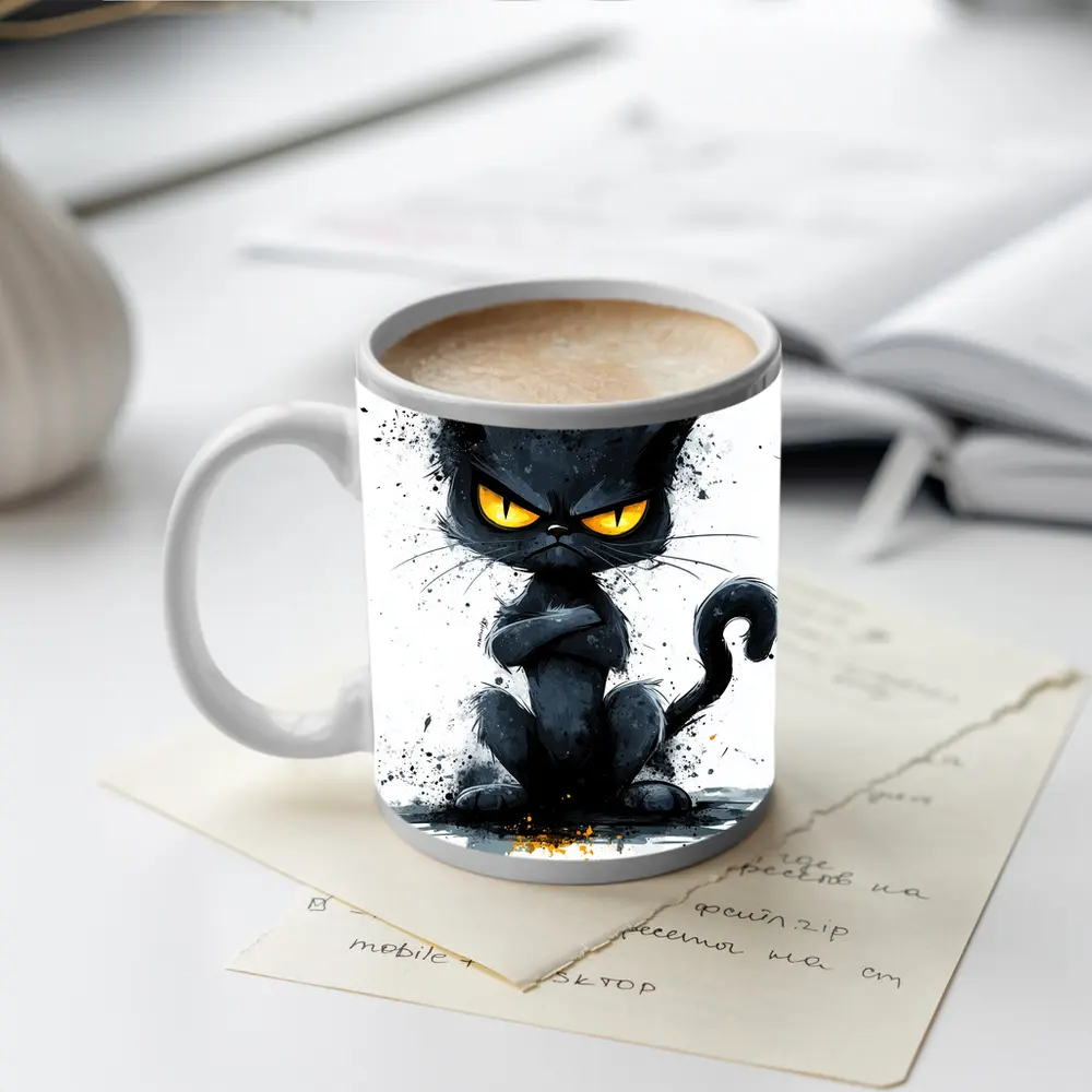 Grumpy Black Cat Ink Splash Art – Mugs
