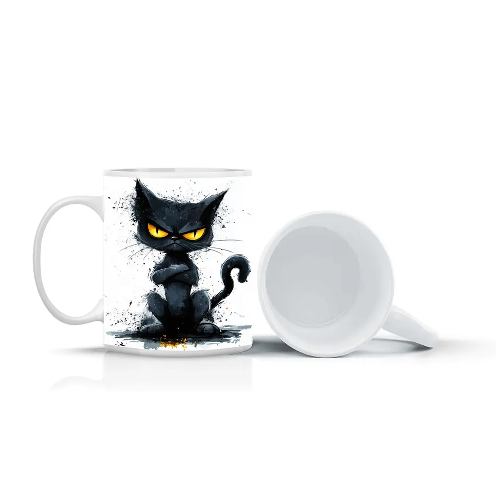 Grumpy Black Cat Ink Splash Art – Mugs