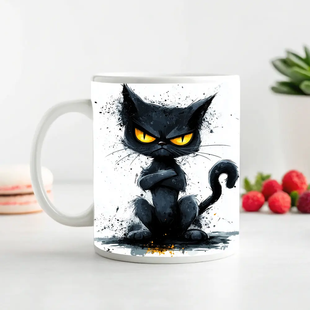 Grumpy Black Cat Ink Splash Art – Mugs