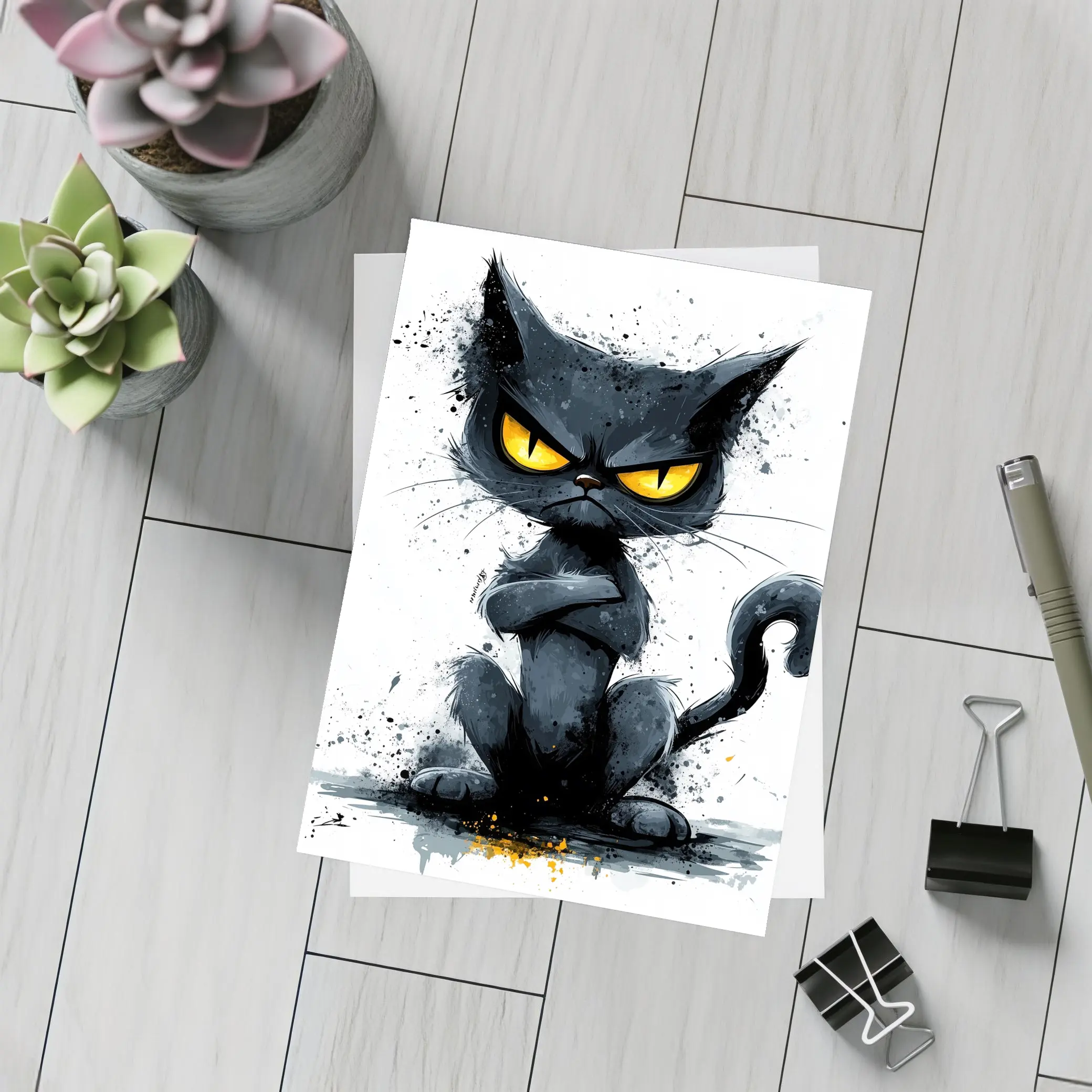 Grumpy Black Cat Ink Splash Art – Postcards