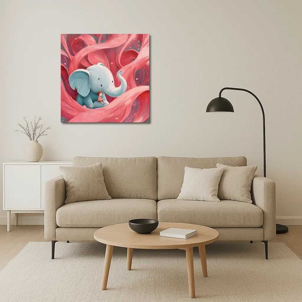 Baby Elephant Boy Pink Swirl Illustration – Wall Art