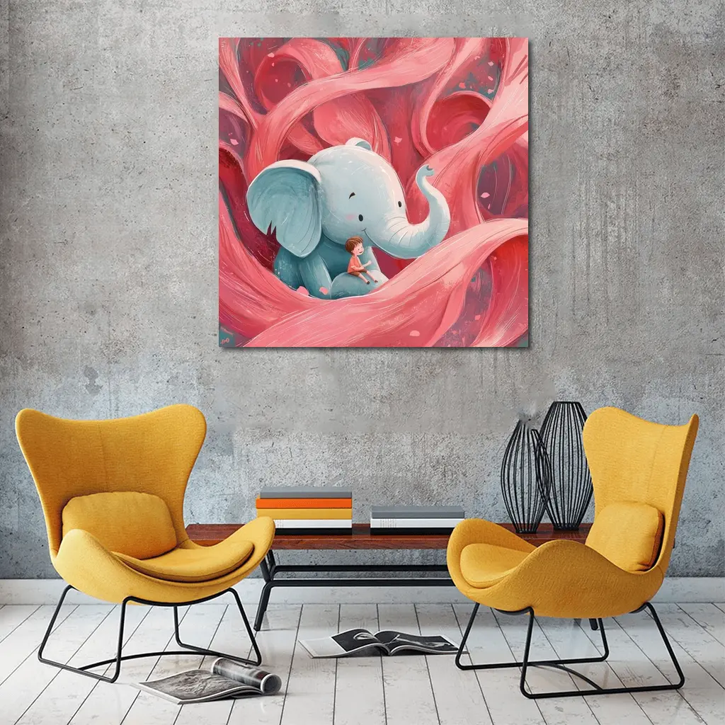 Baby Elephant Boy Pink Swirl Illustration – Wall Art
