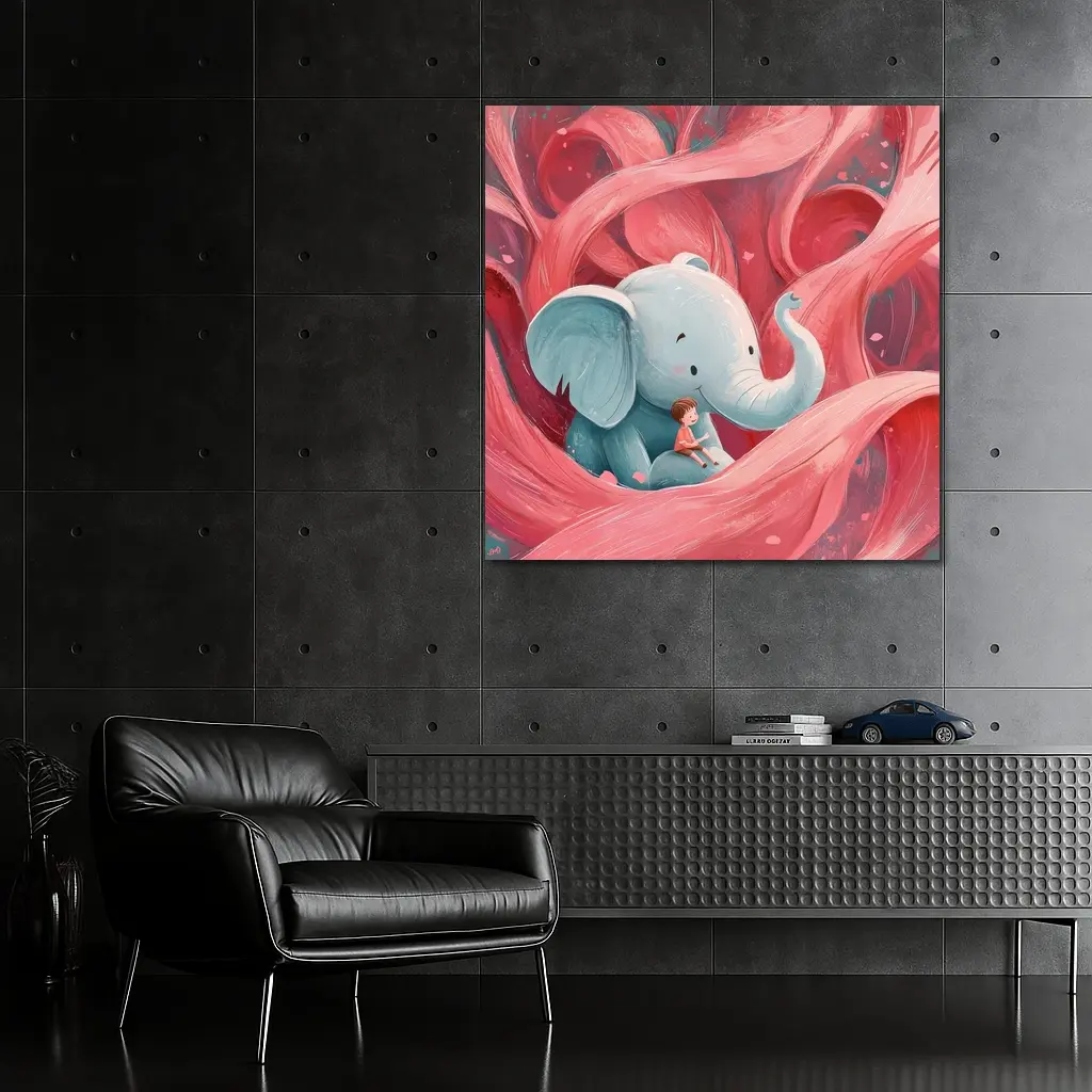 Baby Elephant Boy Pink Swirl Illustration – Wall Art