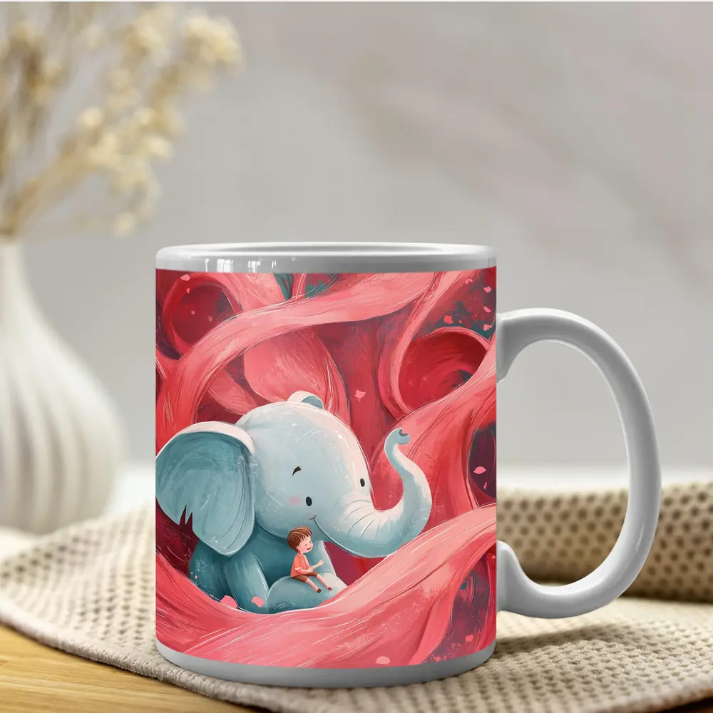 Baby Elephant Boy Pink Swirl Illustration – Mugs