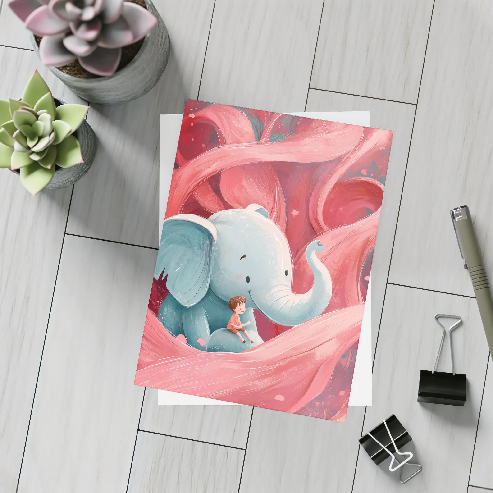 Baby Elephant Boy Pink Swirl Illustration – Postcards