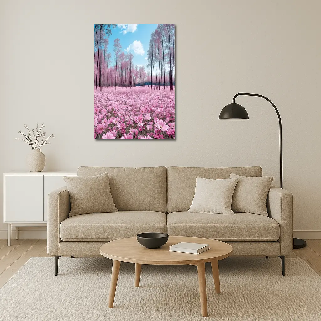 Pink Cosmos Flowers Forest Blue Sky – Wall Art