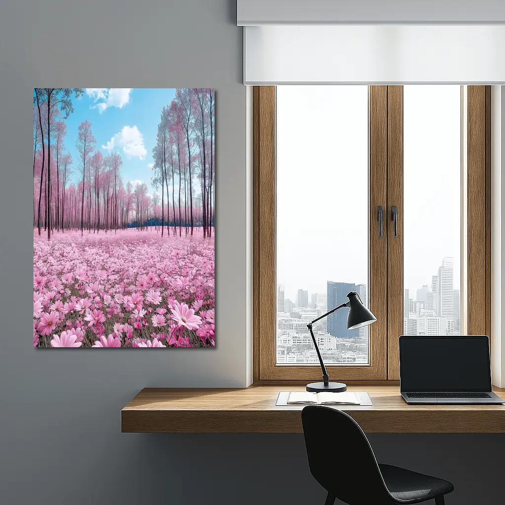 Pink Cosmos Flowers Forest Blue Sky – Wall Art